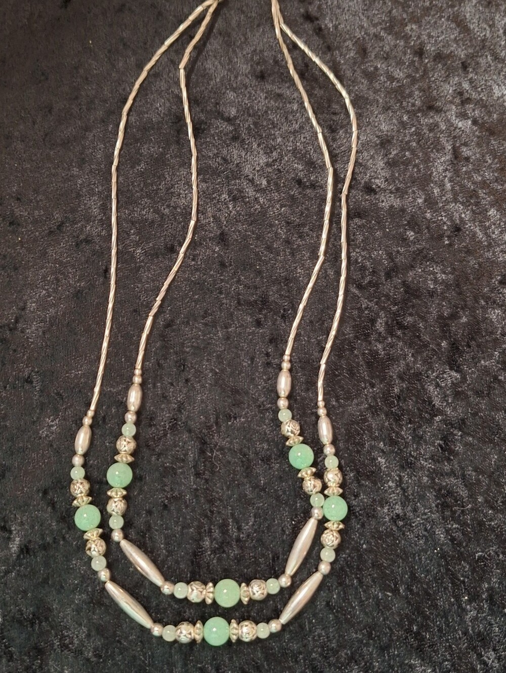 Vintage Style Double Strand Green Bead Pearl Statement Necklace Silver Tone Long - Picture 6 of 6